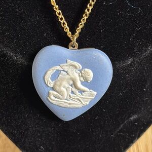 Vintage Wedgwood England Gold and Blue Heart Angel Pendant Necklace​